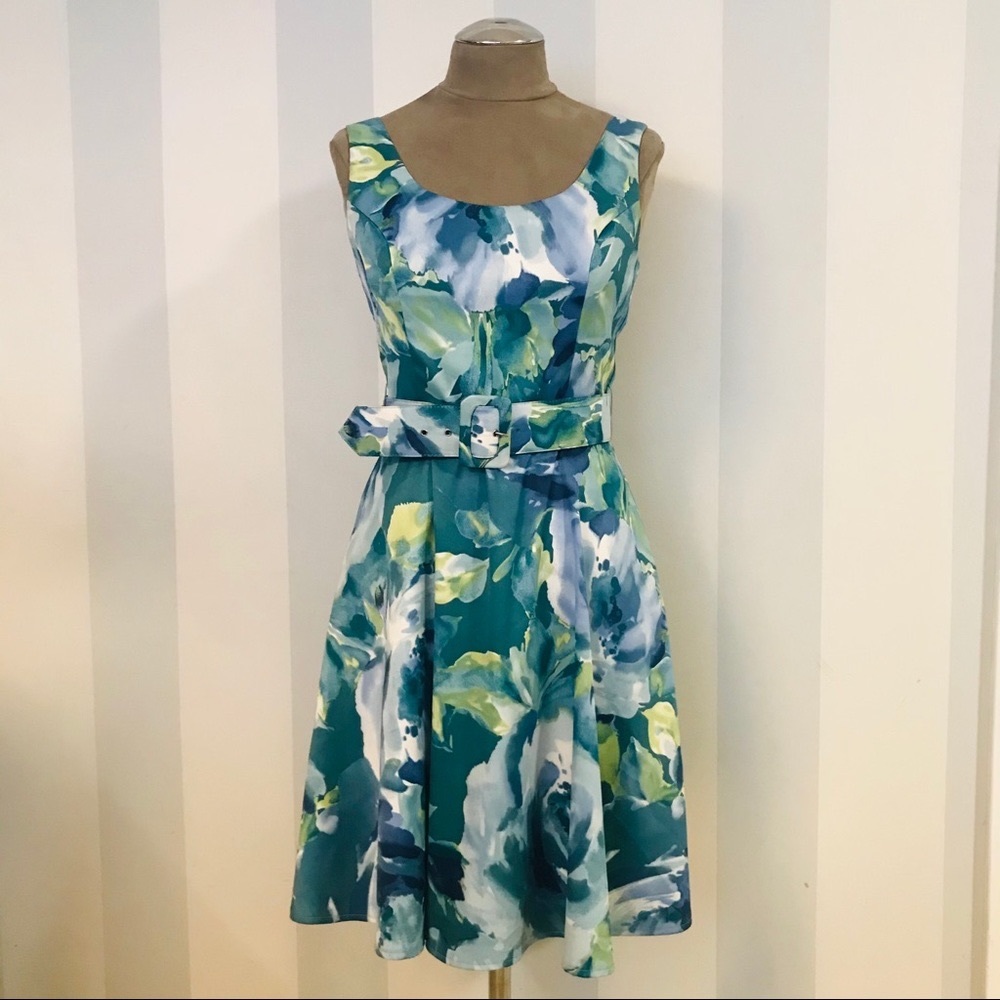 Blue Watercolor Floral Midi A-Line Belted Dress